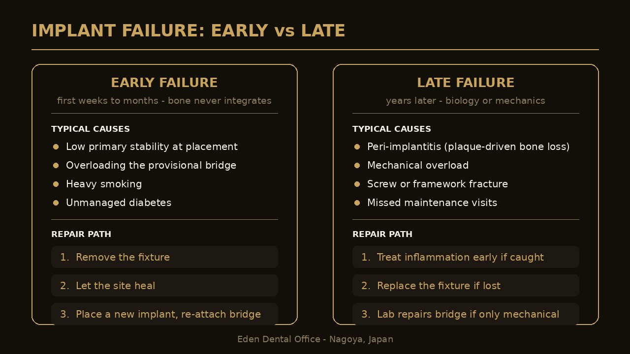 Decision diagram showing early versus late All-on-4 implant failure, causes and repair paths | Eden Dental Office Nagoya