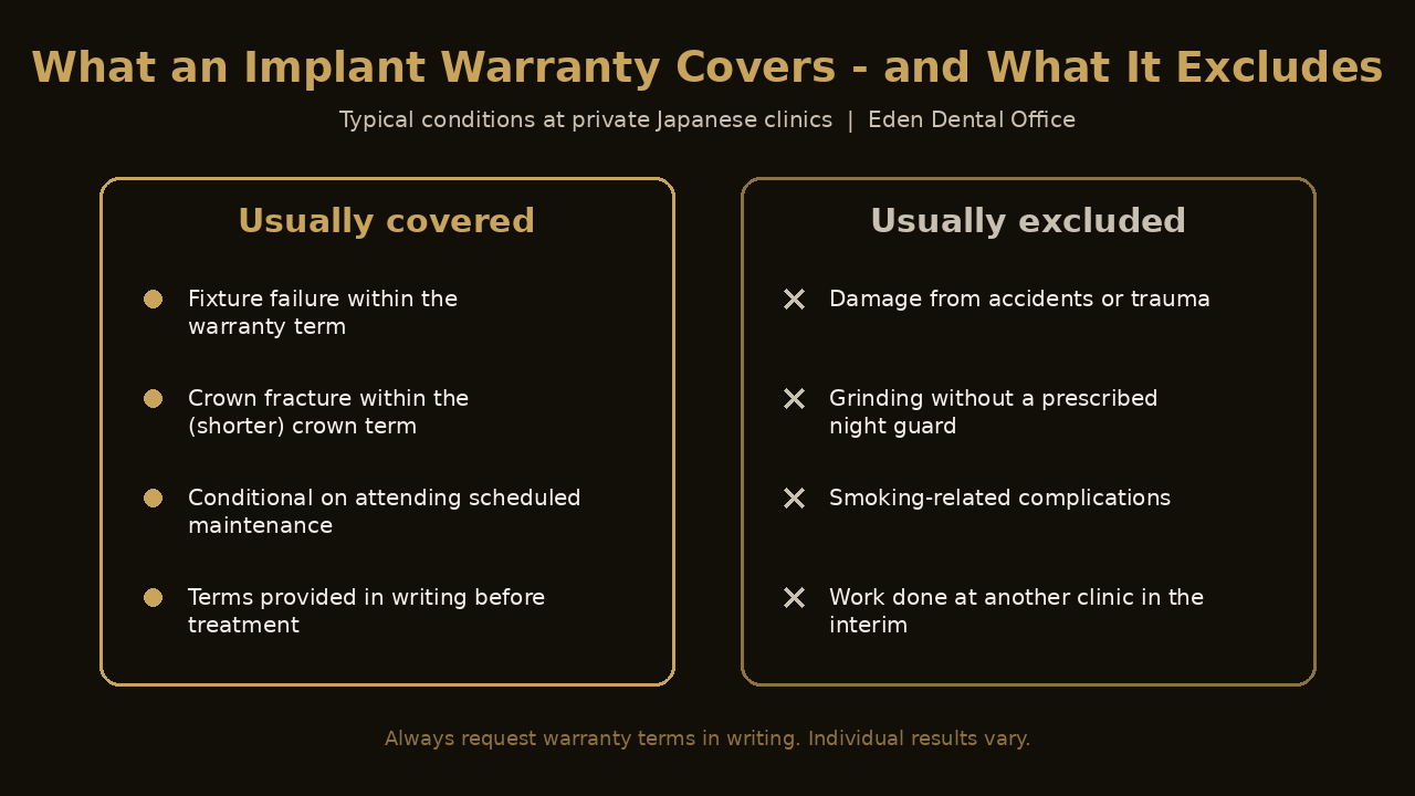 Diagram of what a dental implant warranty covers and excludes | Eden Dental Office Nagoya