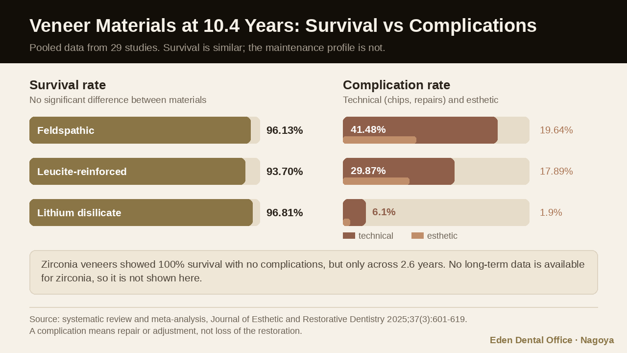 Ten-year pooled survival and complication rates for feldspathic, leucite-reinforced and lithium disilicate porcelain veneers | Eden Dental Office Nagoya