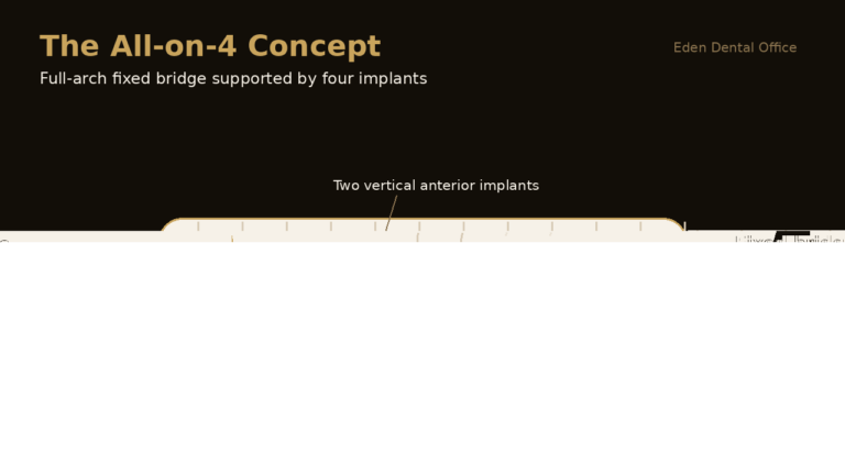 Diagram of All-on-4 full-arch implant concept with two tilted posterior implants | Eden Dental Office Nagoya
