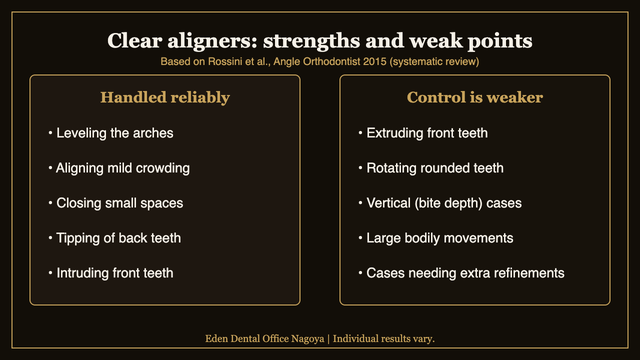 Clear aligner strengths and weak points in adult tooth movement, based on a systematic review | Eden Dental Office Nagoya